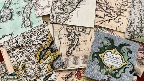 Several overlapping maps of Scotland, with a map of Shetland in the middle.