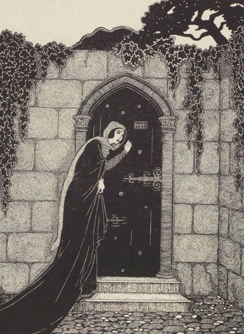 Figure in dark clothes at ivy-covered stone doorway.