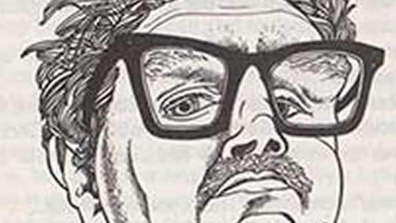 Illustration of Alasdair Gray's head wearing glasses.