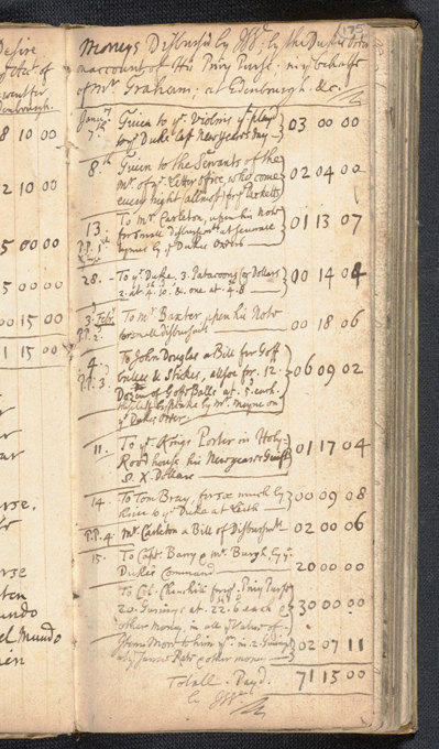 Handwritten ledger page listing dated financial transactions in pounds, shillings, and pence.