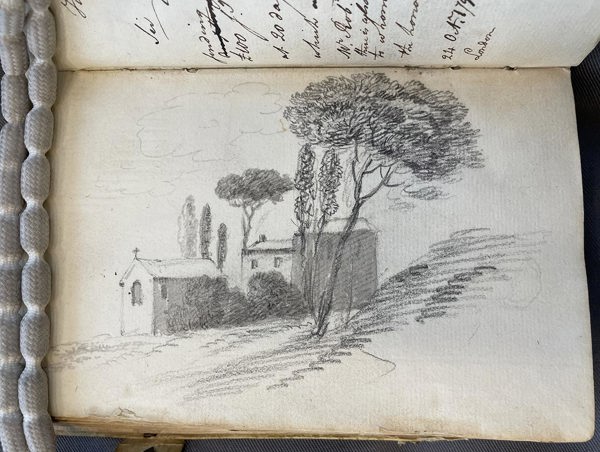 A pencil sketch of a small chapel and buildings on a hillside, with tall trees surrounding them under a lightly clouded sky.