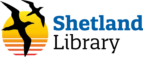 Logo for Shetland Library showing two birds flying over a sunset.