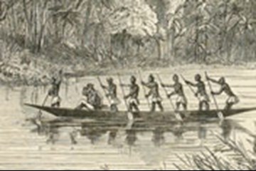 Engraving of men in boat on river