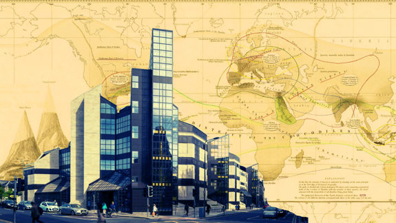 National Library of Scotland Causewayside building on top of a world map showing geographical zones for different animals.