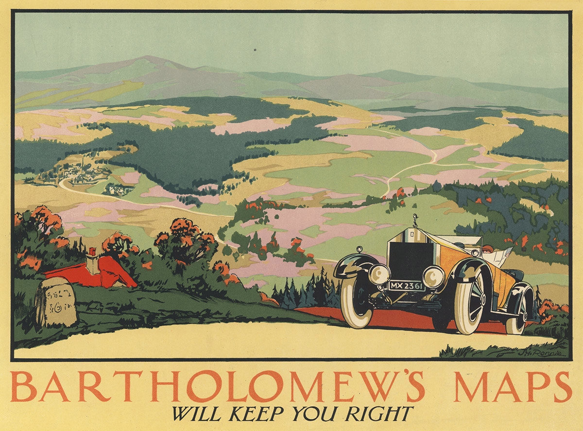 A poster of a car from the 1930s driving with hills in the background. It says "Bartholomew's maps will keep you right".