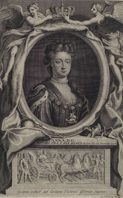 Engraved portrait of Anne framed in an ornate oval, with winged figures holding a crown above and a chariot scene below.