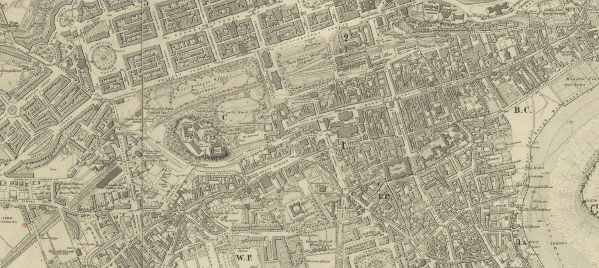A historical map of Edinburgh, intricately illustrated with labeled streets, buildings, and landmarks. The map is densely detailed, offering a visual representation of the city's layout during the 19 century..