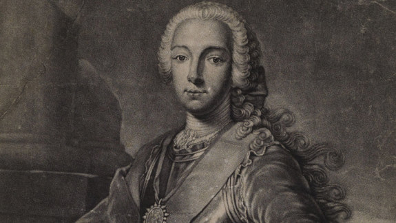 Black and white portrait of Bonnie Prince Charlie with long curly hair, wearing a sash and medallion, posed in front of classical columns.