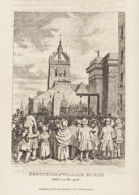 A drawing of the execution of William Burke showing a large crowd, and St Giles Church in the background.