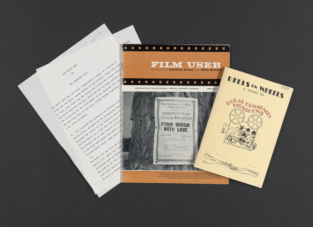 Three pieces of film ephemera including a typed document, and two books titled 'Film user' and 'Reels on Wheels, a guide to rural community filmshows'.