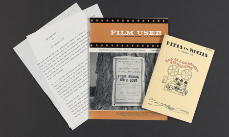 Three pieces of film ephemera including a typed document, and two books titled 'Film user' and 'Reels on Wheels, a guide to rural community filmshows'.
