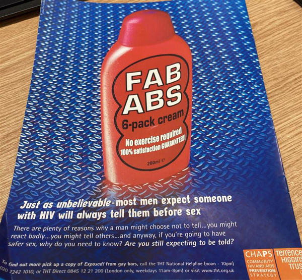 An advert showing a red bottle with the words "Fab Abs 6-pack cream" on it. The caption reads "Just as unbelievable - most men expect someone with HIV will always tell them before sex".