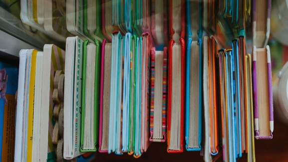 A birds-eye view of several tactile books lined up.
