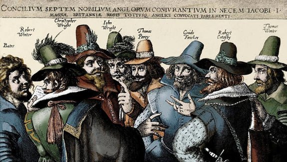 A drawing of the 1605 gunpowder plotters including Guy Fawkes.
