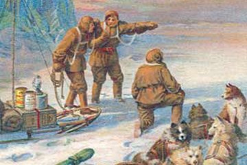 Illustration of polar explorers with several huskies attached to a sledge. Text reads ""With Captain Scott at the South Pole", Fry's Cocoa and Chocolate, Makers to H.M. the King."