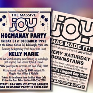 A blurry background image showing a shot of a club. In the centre there are two archival documents from the JOY Nightclub in Edinburgh. The documents contain information about the JOY nightclub in 1993 and the other is advertising a Hogmanay party on 31 December, 1993.
