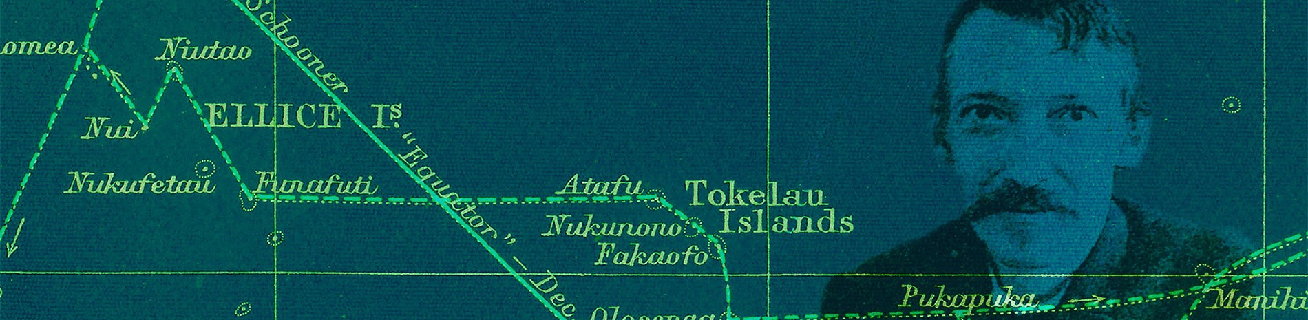 Photo of Robert Louis Stevenson overlayed with a historic map of Samoa, with a contemporary coloured filter.