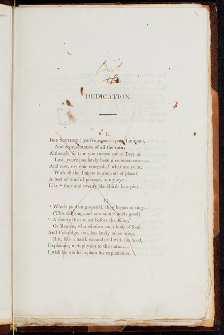 A scanned page from a book. The page includes handwritten notes at the top, such as 'Omit this.' The printed text is a poetic critique of Robert Southey, referencing his role as Poet Laureate and his political shift.