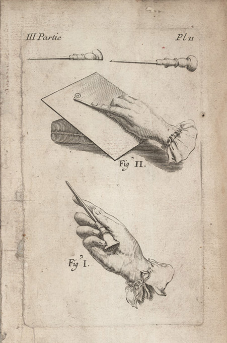 Historic engraving showing hands demonstrating engraving tools, with one hand holding a burin and another using it to incise a plate, alongside labeled diagrams.