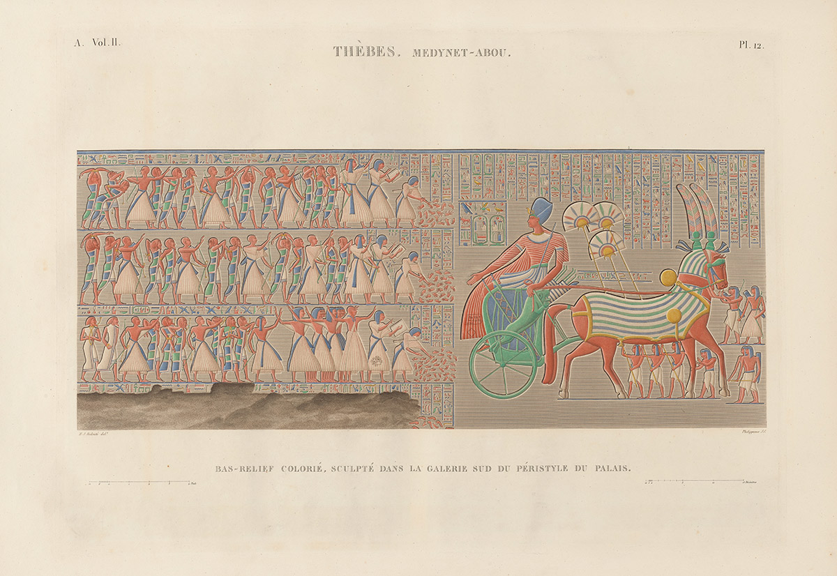 Engraving of an ancient Egyptian wall relief depicting a ruler in a chariot with hieroglyphic inscriptions and figures in procession.