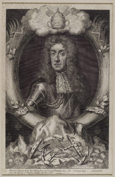 Engraved portrait of a man with long curly hair, framed by an ornate oval border with floral motifs.