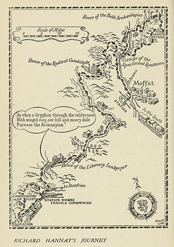 Map 'Richard Hannay's Journey' with labeled locations, a gryphon illustration, and compass rose.