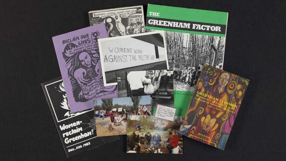 A collage of posters, photographs, and booklets, including titles like 'Reclaim Our Lives', alongside images of women protesting and illustrations addressing police violence.