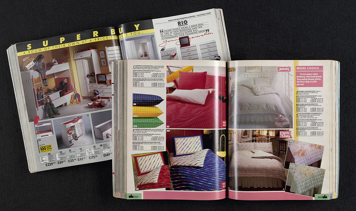 Spread of vintage shopping catalogues showing bed sets and bed spreads.