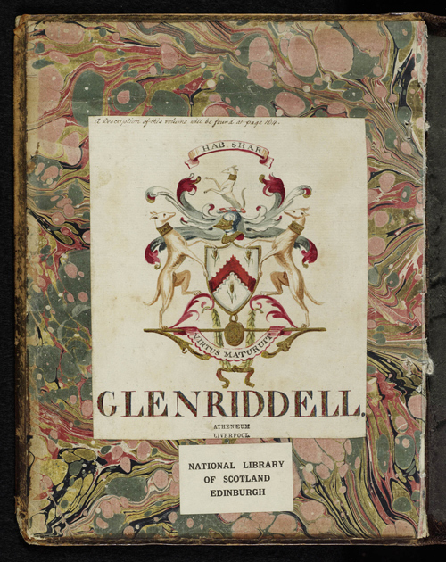 Coat of Arms entitled 'Glenriddell' with two dogs either side of a shield and a dog on the top.