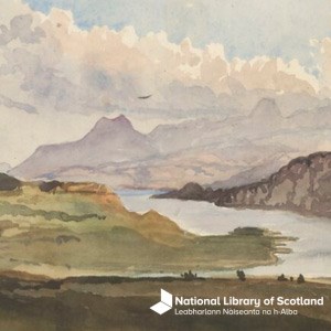 A water colour painting of Scottish scenery. There are mountains in the background and a river in the foreground. There is a white National Library of Scotland logo in the bottom white.