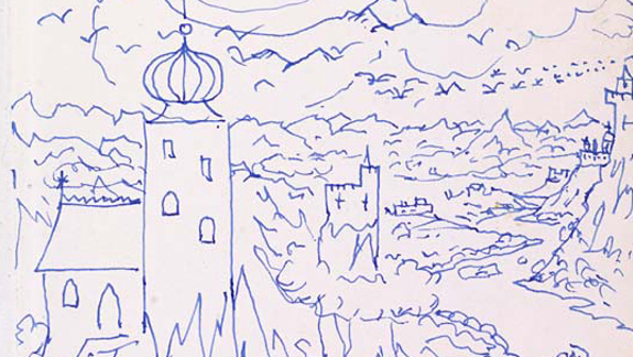 A hand-drawn blue ink sketch of a landscape featuring buildings such as towers, with mountains, trees, and birds flying in the sky.