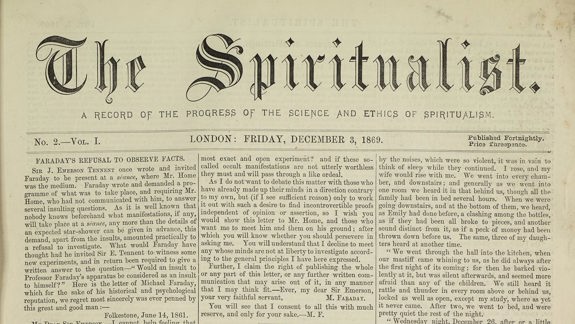 A yellowed front page of a newspaper from 1869 titled 'The Spiritualist'