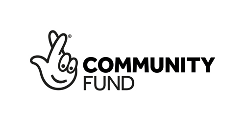 National Lottery logo that says "Community fund" and has a hand crossing its fingers with a smile.