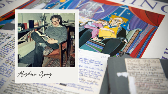 A collection of Alasdair manuscripts laid out and a photo of him sitting with a book over top.