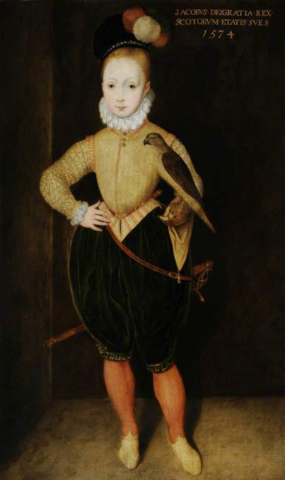 A painting of young boy wearing ornate 16th century style clothes, holding a bird of prey.