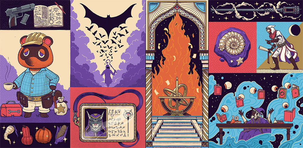 A collage-style illustration showing symbols and characters inspired by different videogames.