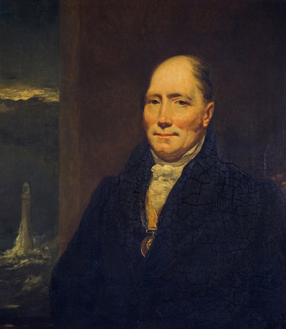 Oil painting of a person in dark coat and white cravat, in front of a window through which a cloudy sky and lighthouse are visible.