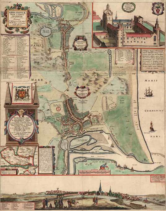 Illustrated historical map with Latin labels, coats of arms, and a panoramic town view.