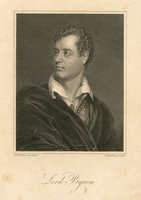An engraved portrait of Lord Byron. He has curly hair and is dressed in formal attire, including a collared shirt and a dark robe. The image has a textured background and is framed with a simple border.