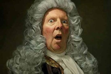 A painting of a man in a wig looking shocked.
