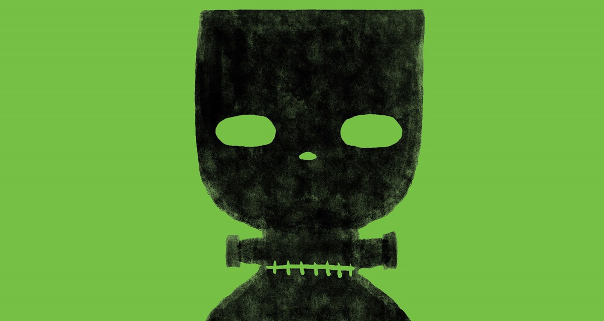 Black illustration of a simplified Frankestein's monster against a green background.