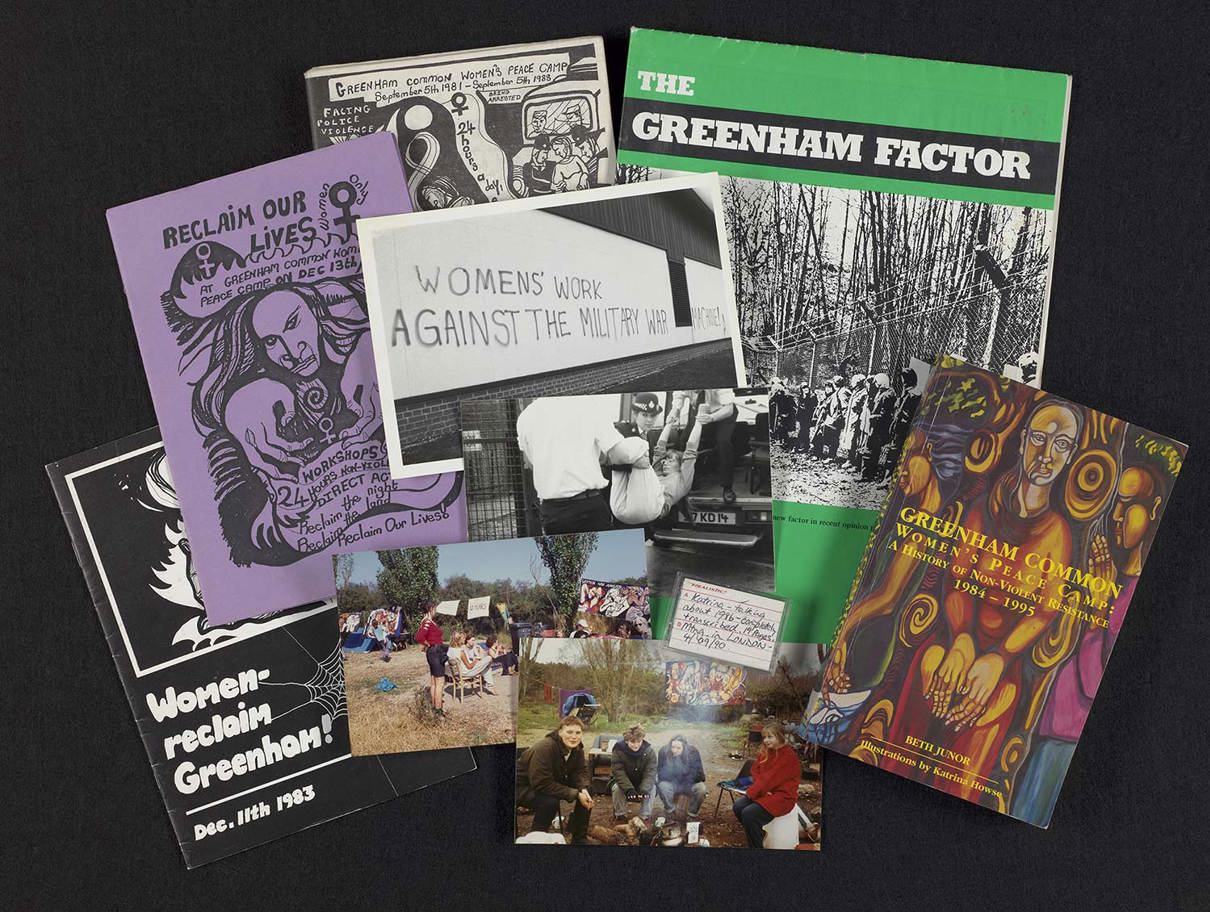 A collage of posters, photographs, and booklets, including titles like 'Reclaim Our Lives', alongside images of women protesting and illustrations addressing police violence.