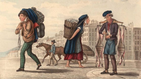 Illustration of a historical street scene with three figures: one carrying a bundle, another with a basket of goods, and a third selling meat beside hanging carcasses. A man leads a horse in the background, with buildings lining the street.