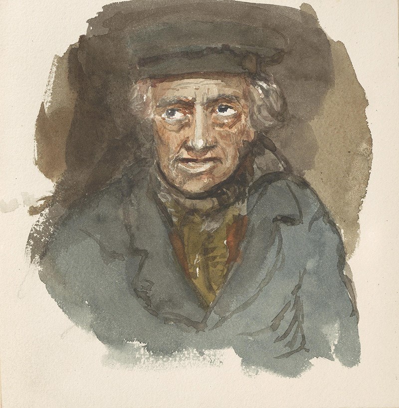 A watercolour portrait of a man in a blue jacket