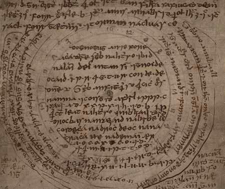 Sepia paper on which words are written in a circle, with lines of text written around the circle, as well as above it.