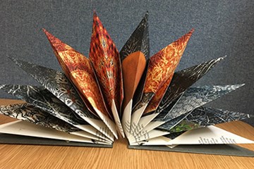 A colourful book open and the pages folded to make them spiky and stick up in a semi-circle.