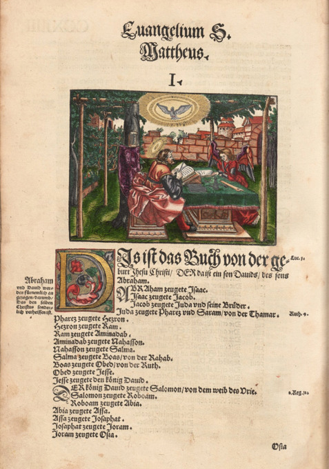 A page from the bible. At the top is an illustration of a biblical scene with several figures and a dove above them. Below is a genealogical text listing the lineage from Abraham to King David, written in German.