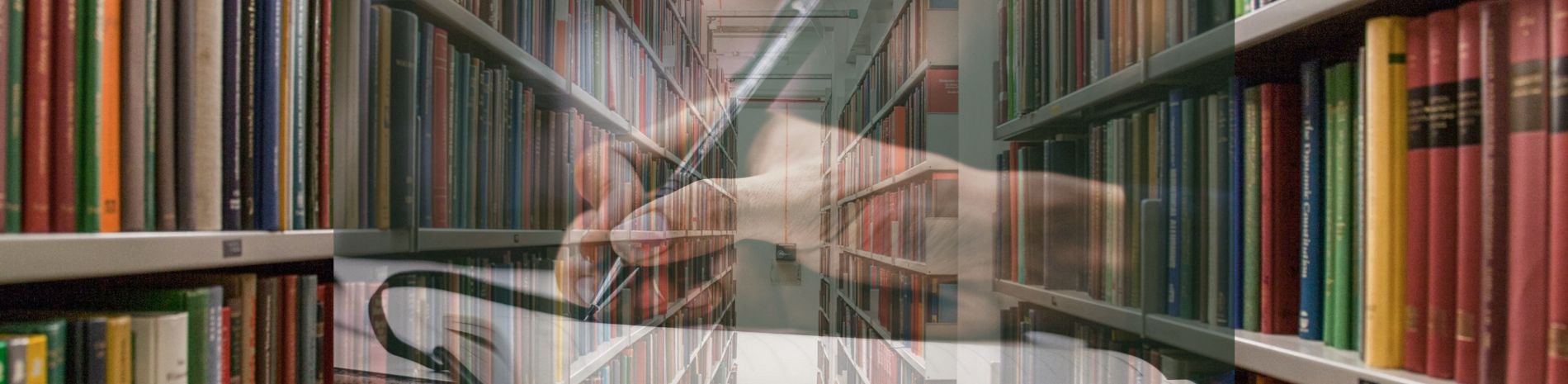 A photo of book shelves and a transparent photo on top of that of a hand writing something in a book.