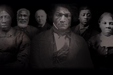 Six portraits of people in a row in black and white. Frederick Douglas is in the middle.