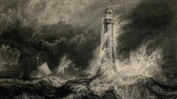 Lighthouse in a storm with crashing waves and a ship struggling nearby; dark clouds overhead.